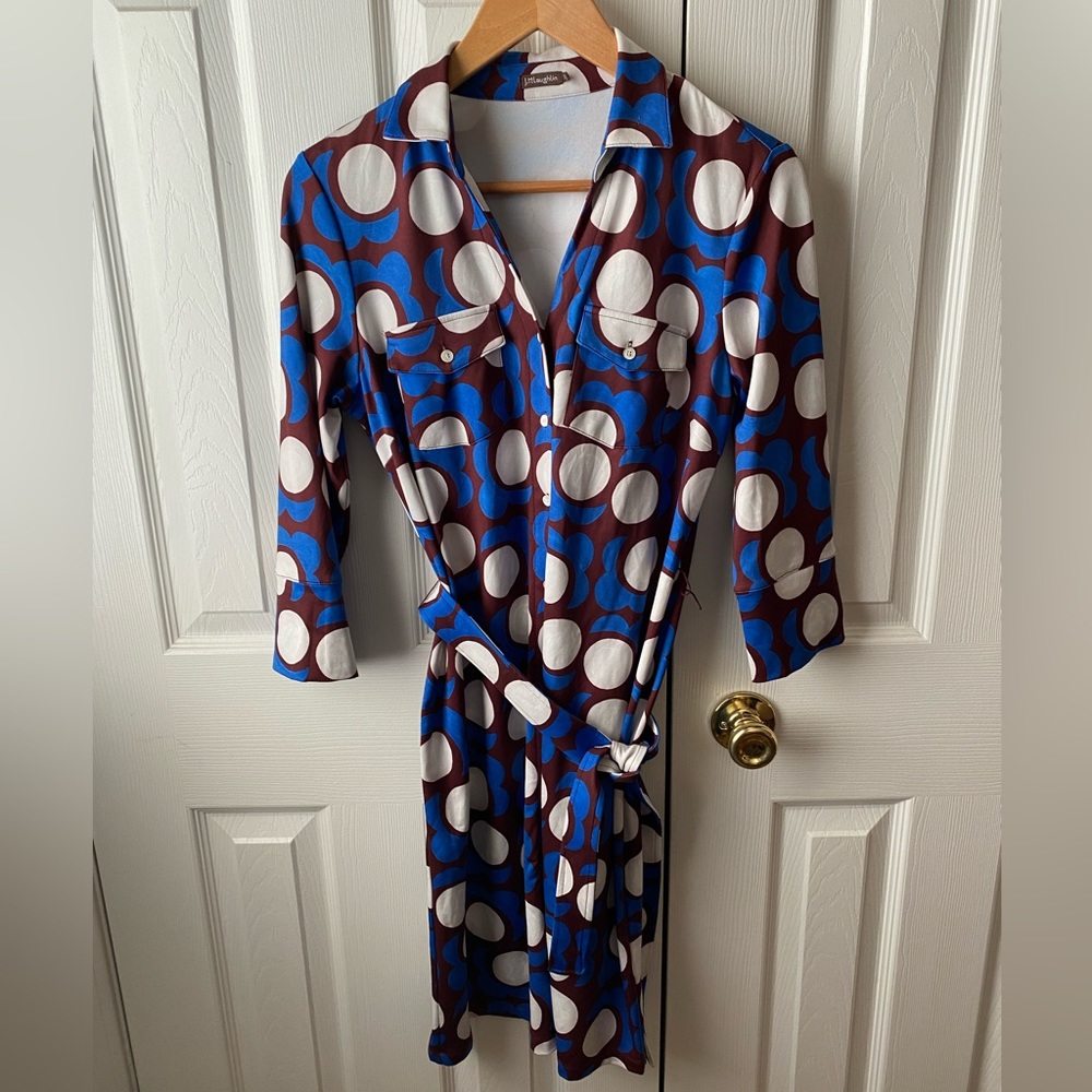 J. McLaughlin Brynn Dark Brown/Blue Malmo Dot Lyford Jersey Cloth Shirt Dress S